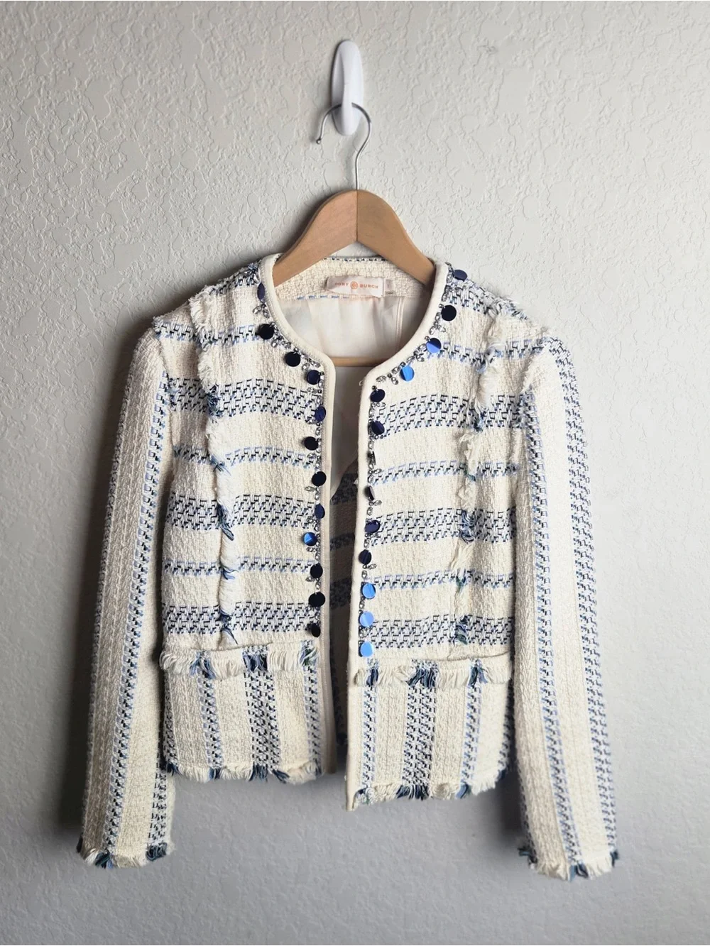 Tory Burch Abbott Jacket 2 Ivory Blue Striped Tweed Fringe Embellished Blazer